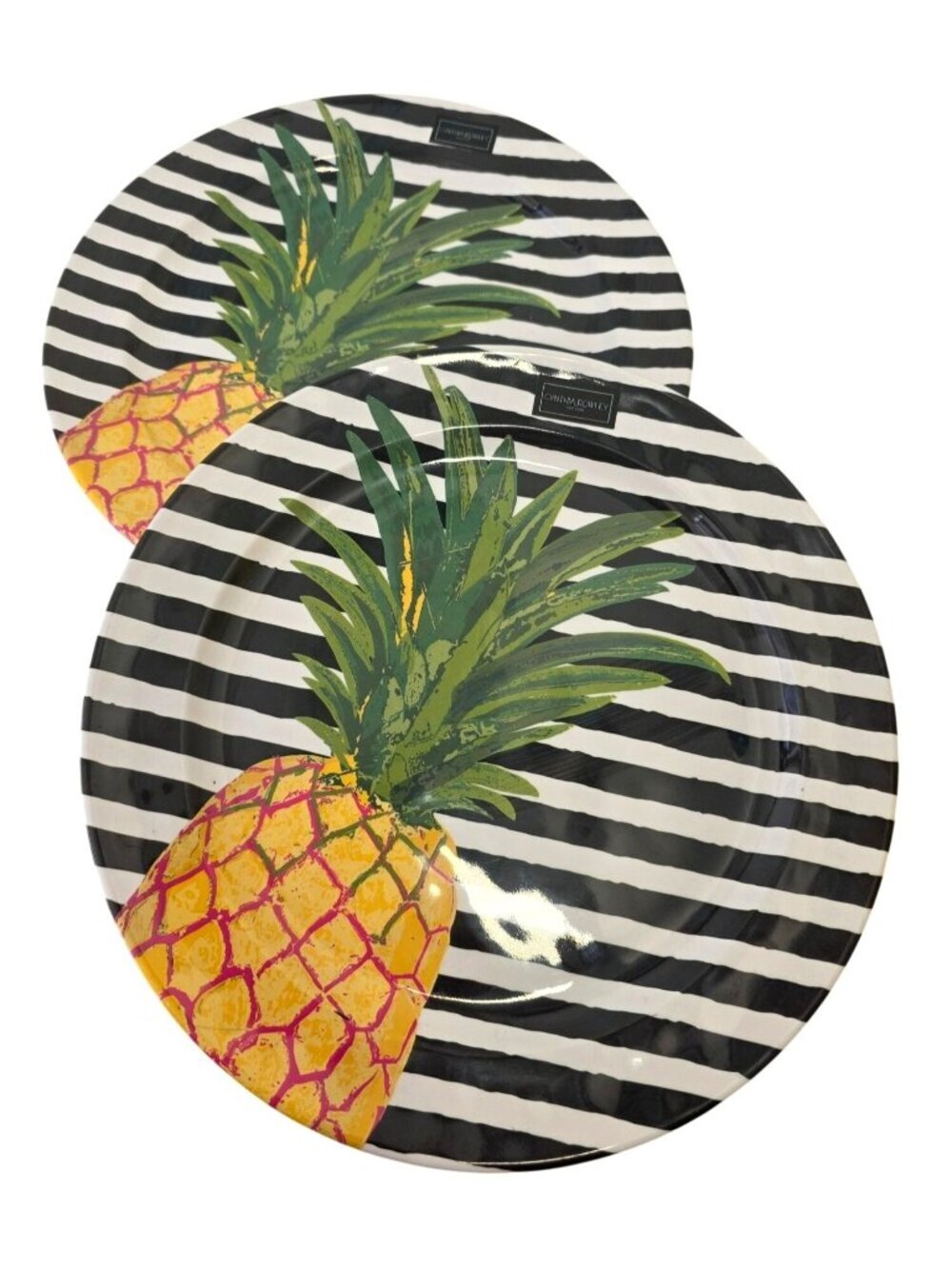 Cynthia Rowley Melamine Dinner Plates Set of 2 NWT 11" Pineapple Tropical Stripe